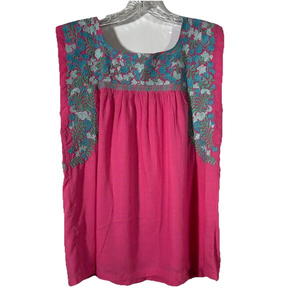 J Marie Hannah Floral Embroidered Linen Top Blouse Sz M Sleeveless Pink Blue - Picture 12 of 14